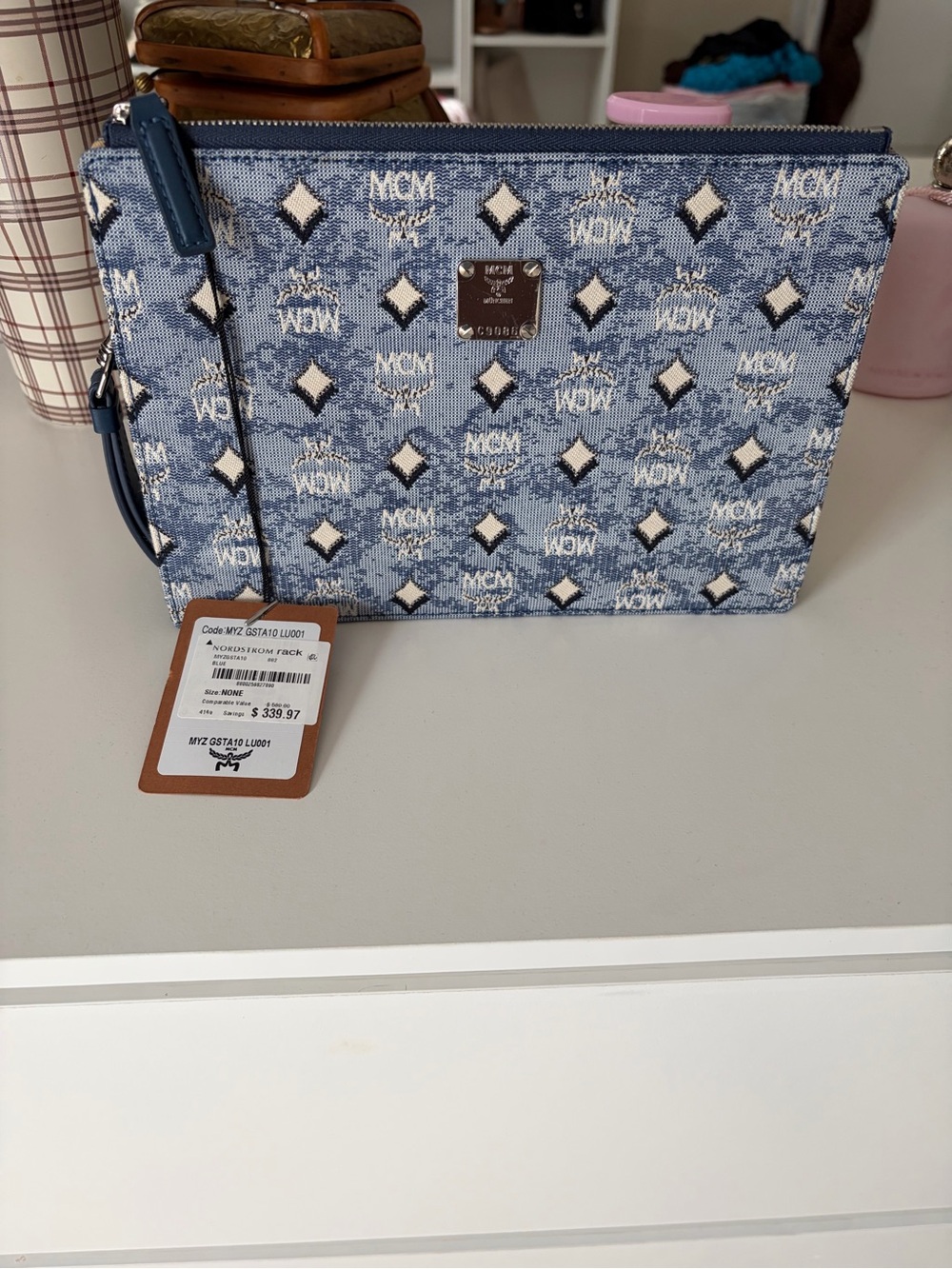 MCM Denim Blue Logo Canvas Zip Pouch with Cream Accents